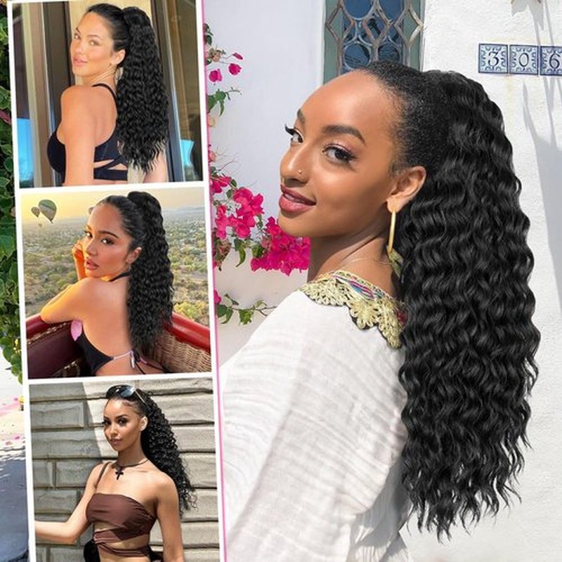 ALXNAN Wavy Curly Ponytail Extension, Long Soft 22" Black Drawstring Ponytail for Black Women Natural Synthetic Hairpiece Thick For Daily Use