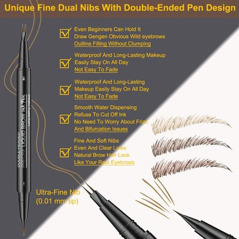 Microblading Eyebrow Pen - Amazing 2-in-1 Dual-Ended Eyebrow Pencil with 2-Fork-Tip and Precise Brush-Tip - Waterproof Eyebrow Pencil for Natural Hair-Like Brows That Lasts All Day, Brown