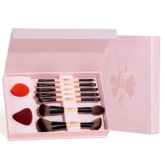 Jessup Makeup Brushes Set with Makeup Sponge, 7pcs Double Sided Makeup Brushes for Foundation Concealer Blush Eyeshadow Contour Bronzer Powder Blending Eyebrow Eyeliner with Gift Box, T506