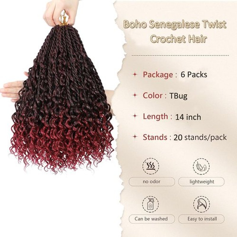 Goddess Twist Braids Crochet Hair With Curly Ends Senegalese Twist Braids Crochet Braids 6 Packs ombre black Burgundy Crochet Synthetic Braiding Hair Extension for Black Women (14inch, Tbug)
