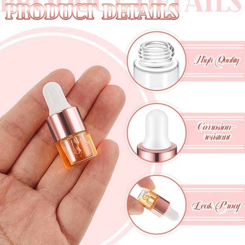 Didaey 100 Pcs Mini Glass Dropper Bottle Bulk, 1 ml Rose Gold Clear Essential Oil Dropper Bottles Small Tincture Empty Bottles Sample Containers Perfume Liquid Vials with Cap for Traveling