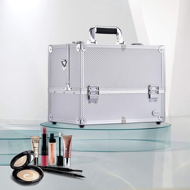 Joligrace Extra Large Makeup Train Case 6 Tray Make Up Artists Organizer Box Lockable Cosmetic Jewelry Toiletries Carrier Crafters Tool Cases with Adjustable Dividers & Shoulder Strap - Silver