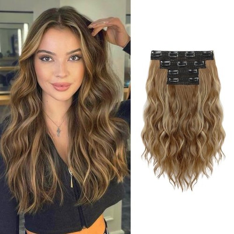 KUIRAN Hair Extensions, Clip in Hair Extensions 14" Short Wavy Hair Extensions 4PCS Hair Extensions Invisible Lace Weft Natural Soft Hairpieces for Women - Light Brown with Blonde Highlights