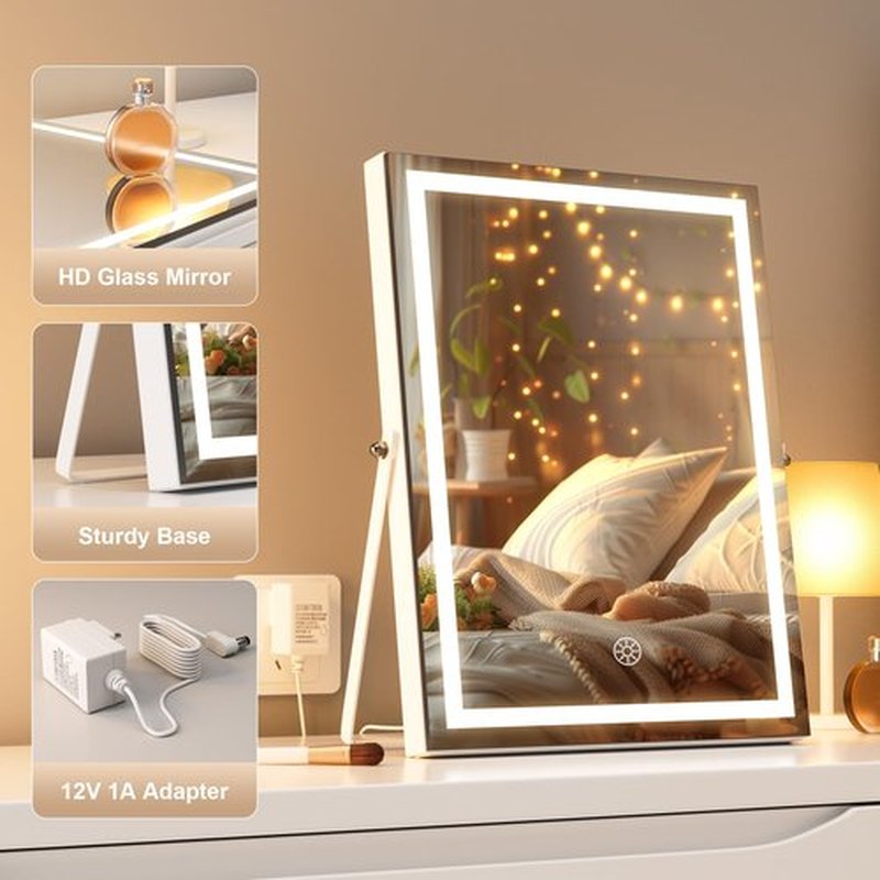 Hasipu Vanity Mirror with Lights, 10.6" x 13.8" LED Makeup Mirror with 10X Magnification, Smart Touch 3 Colors Dimmable, Brightness Adjustment, 360° Rotation, White