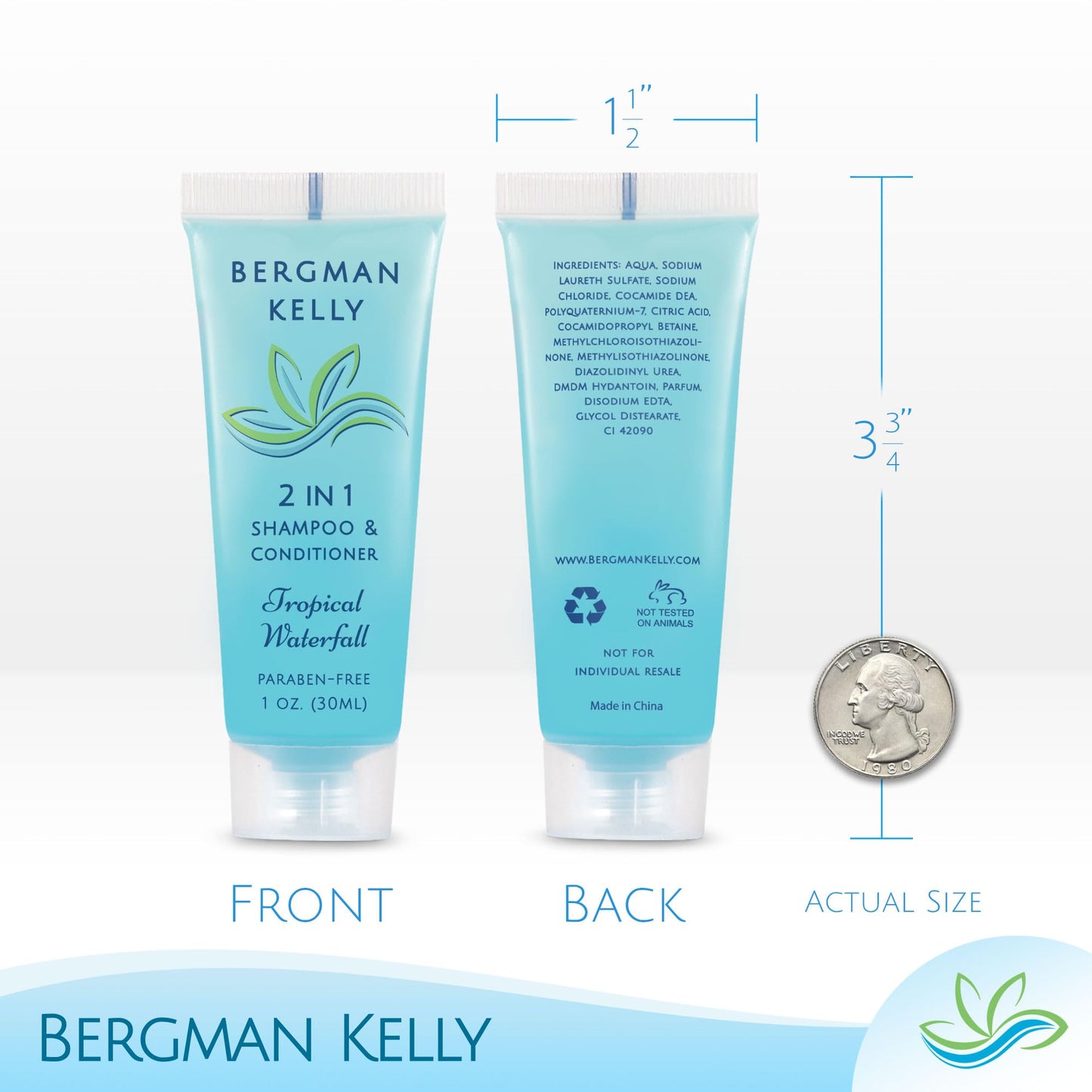 BERGMAN KELLY Round Soap Bars, 2in1 Shampoo & Conditioner 2-Piece Set (Tropical Waterfall, 1 oz each, 100 pc), Delight Your Guests with Revitalizing & Refreshing Hotel Amenities & Bulk Toiletries