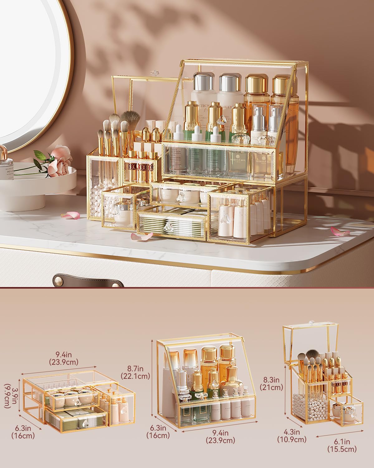 CoralHouse Clear Makeup Organizer with Gold Frame – Countertop Vanity Organizer for Skincare, Lipsticks, Perfume & Brushes – Bathroom Cosmetic Storage Display Box