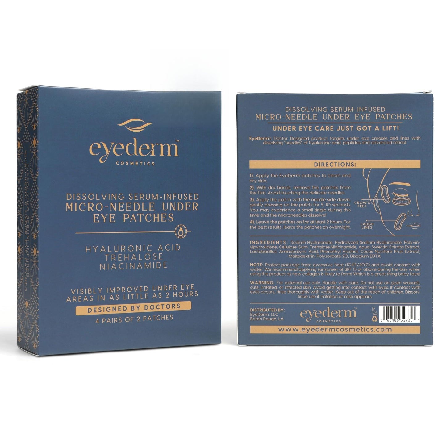 Eyederm Cosmetics Microneedle Eye Patches For Dark Circles And Puffy Eyes With Hyaluronic Acid, Hydrating Under Eye Gel Patches For Wrinkles, Fine Lines, Non-Toxic & Paraben-Free, 4 Pairs