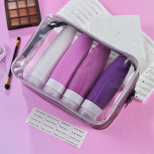 INSFIT Portable Travel Bottles TSA Approved, 3oz Leak Proof BPA Free Silicone Cosmetic Travel Size Toiletry Containers, Squeezable Silicone Tubes, Refillable Bottles for Shampoo 4 Pack Purple