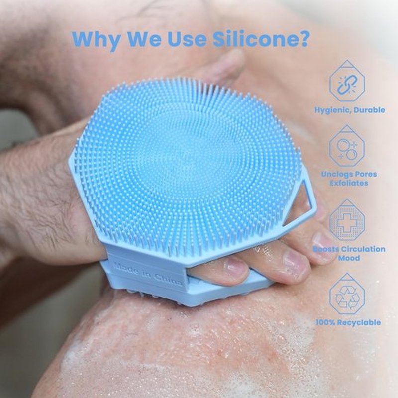 iTokGoK® Silver-Infused 2-in-1 Silicone Body Scrubber, Double-Sided Design Body Brush Silicone Body Scrubber Exfoliating Body Brushes for Sensitive Skin for Showering, Silicone Loofah - Sky Blue