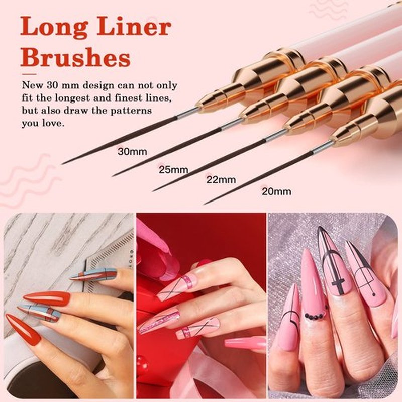 Nail Art Brushes, Double Ended 5PCS Pink Striping Brush Nail Art Liner Brushes Nail Design Brushes for Long Lines, Tiny Details, Nail Brushes for Nail Art, Sizes 5/7/9/10/11/15/20/22/25/30