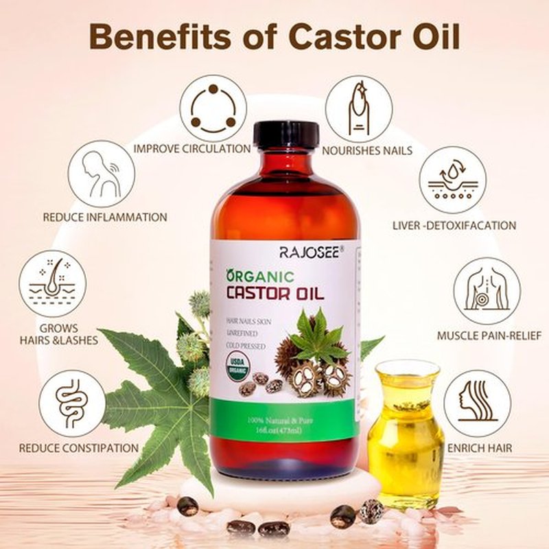 RAJOSEE Certified Organic Castor Oil, Natural Oil Cold Pressed in Glass Bottle, Massage Oil, Pure for Hair Growth, Eyelashes, Eyebrows, Lash Serum, Hexane Free, Caster Oil in Bulk - 16OZ