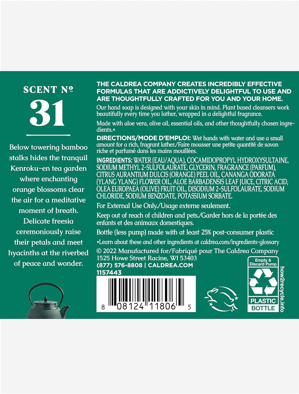 Caldrea Hand Soap, Orange Bamboo Blossom Scent, Plant-Based Liquid Hand Wash with Aloe Vera & Olive Oil, Citrus Floral Fragrance, Pump Bottle, 6-Pack