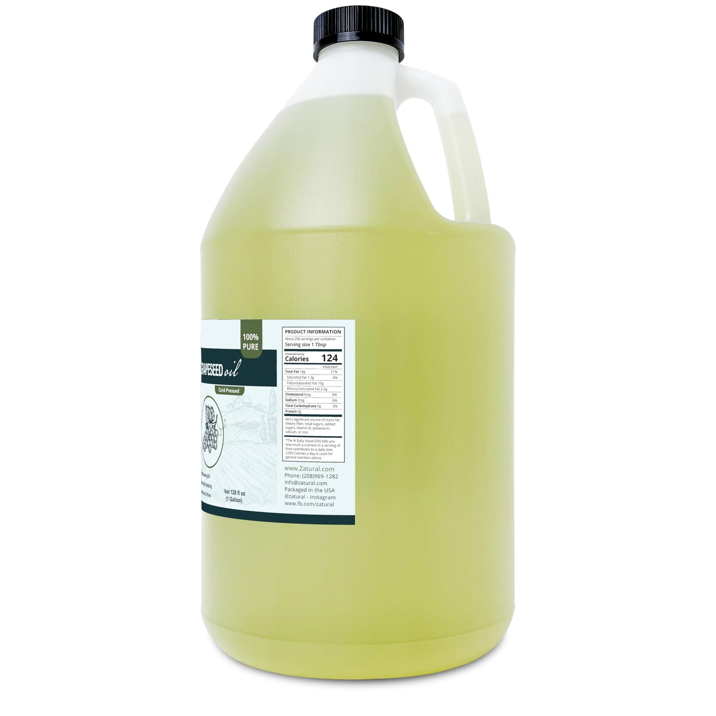 Zatural Grapeseed Oil Naturally Grown 100% Pure Cold Pressed Virgin High Tempurature Cooking Oil 128oz (1 Gallon)