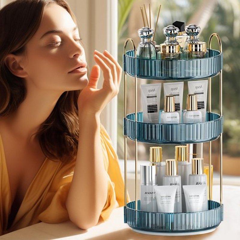 INVSSENE 360° Rotating Makeup Organizer, Bathroom Organizers and Storage Holder Rack, Large Capacity Vanity Shelf Countertop, Fits Cosmetics, Perfume, Skin Care(Blue, 3 Tiers)