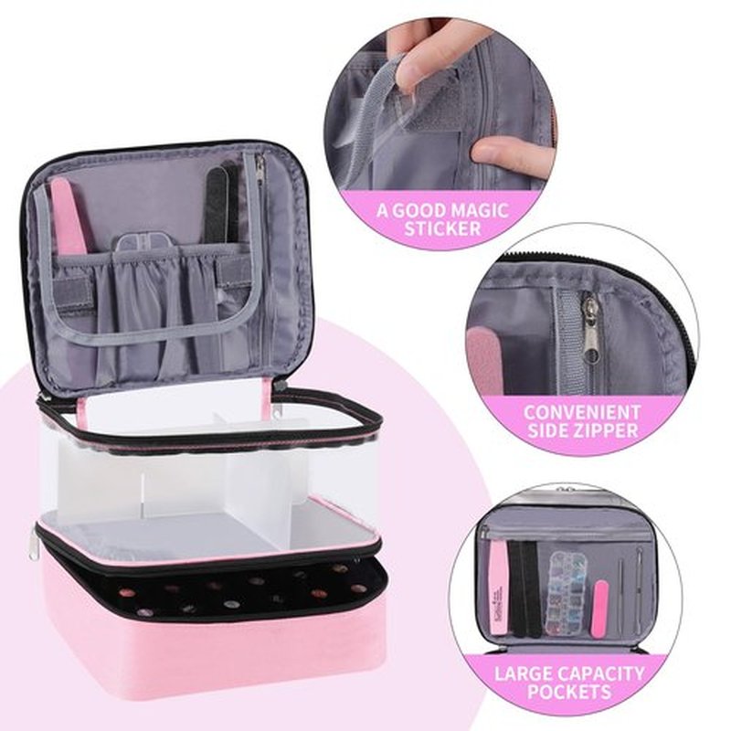 Clear Nail Polish Organizer Double layer Nail Polish Holds 30 Bottles and Nail Lamp, Nail Dryer Case Storage Supplies with Adjustable Dividers, Portable Nail Carrying Bag for Nail Tech (Pink)