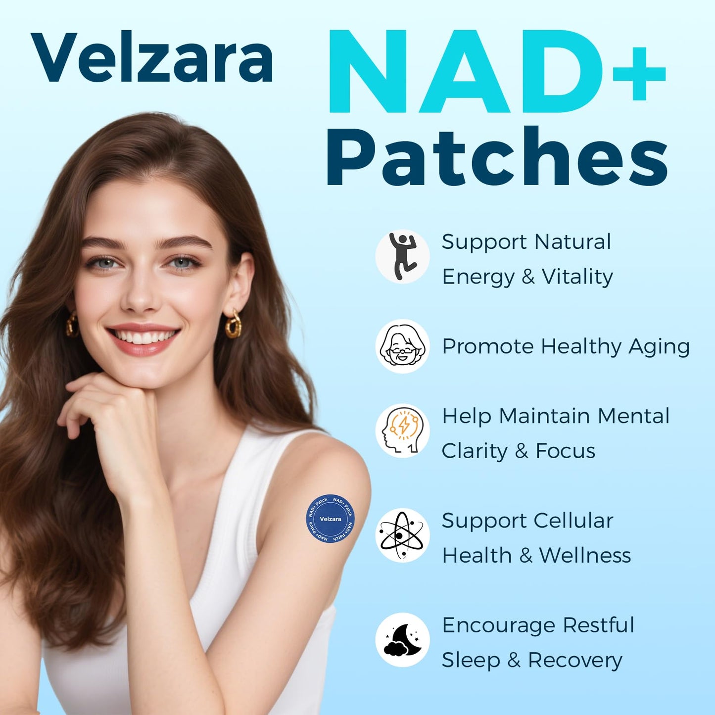 Velzara NAD+ Patches Comfortable All-Day Wear Vegan, Water-Resistant 30 Patches