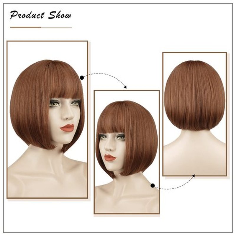 SOFEIYAN Short Straight Bob Wigs with Bangs 11 inch Synthetic Daily Party Cosplay Hair Wig for Black Women, Linen