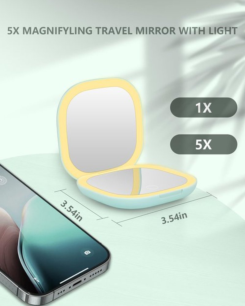 Dec.Metu Compact Mirror, 1X/5X Magnification Pocket Travel Makeup Mirror with Lights for Purse Rechargeable Small Handheld Mirror for Gift Green