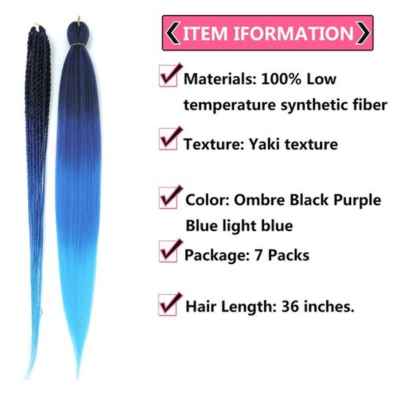 36'' Ombre Pre Stretched Braiding Hair Yaki Texture Crochet Braid Hair Extensions 4 Tones Braiding Hair Pre Stretched (7packs,1b/purple/blue/l.blue)