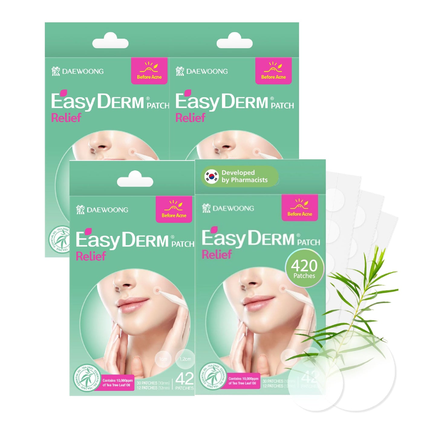 EasyDerm Relief Invisible Patch 4 Packs (168 Patches) | 10,000 ppm Tea Tree Oil, Ultra-Slim 0.1mm, Waterproof Acne Patch, Clear Skin Essential for Daily Care, Summer & Travel Essentials