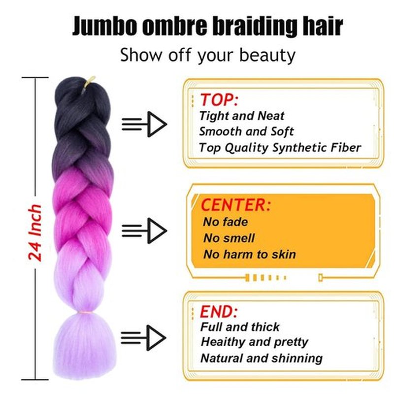 TENGSHUO FLY Black to Rose to Light Purple Braiding Hair 6 Packs Synthetic Braid Hair Extensions Jumbo Braiding Hair 24 Inch or Box Braids Twist Crochet Braids(24"6Pack,Black to Rose to Light Purple)
