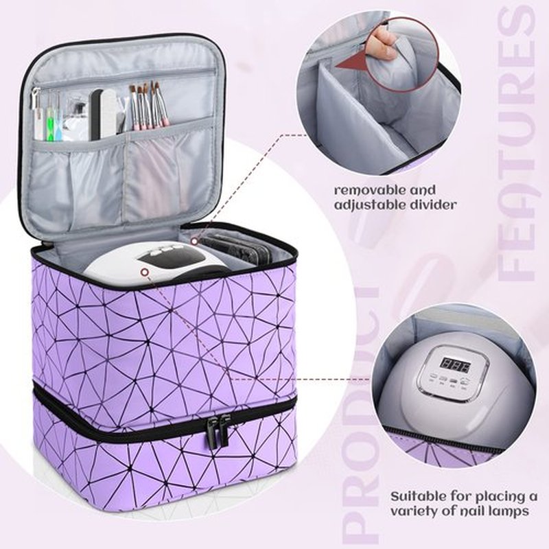 Nail Polish Organizer Case, Fingernail Polish Travel Organizer with Handle, Holds 30 Bottles, 1 Led Nail Lamp Nail Art Supplies, Double Layer Nail Polish Carrying Case With Detachable Interior