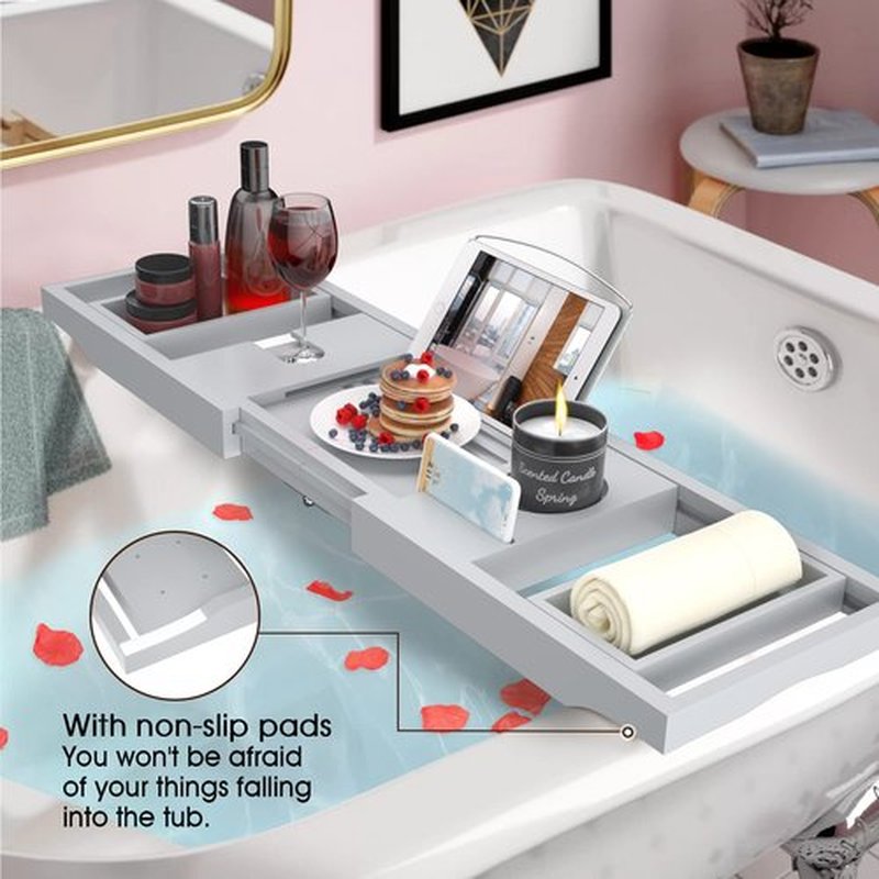 Artmalle Bathtub Tray Bath Caddy for Tub - Bamboo Adjustale Organizer Tray Bath Table for Bathroom, Foldable Luxury Tub Tray with Book Holder for Home Spa and Gift Choice, Gray