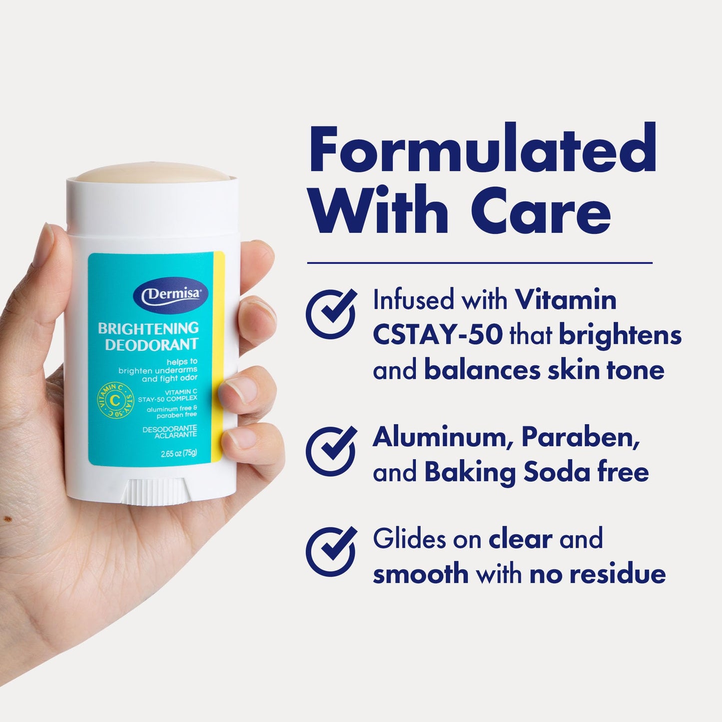 Dermisa Brightening Deodorant with Vitamin C (STAY-50), Aluminum-Free Underarm Brightening and Odor Protection, Vegan and Baking Soda Free, 2.65 Oz