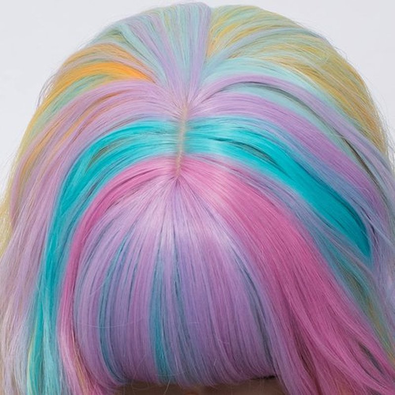 WGPFWIG Women's Multi Color Rainbow Wig 27''Long Curly Wavy Wig Shoulder Length Flat Bangs Wig For Women Girl Cosplay Party Halloween Wig Cap Included (27''Multi Color Rainbow)