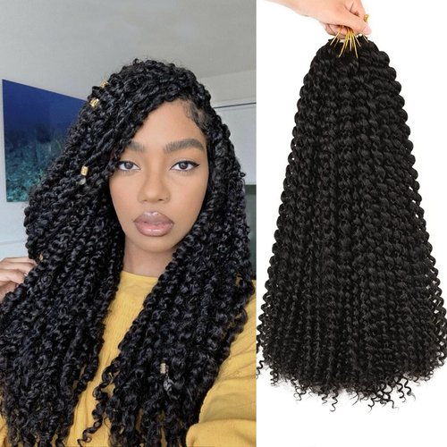 Passion Twist Hair 18 Inch Water Wave Black Color Synthetic bohemian knotless braids for Bomb Twist Locs Crochet Braiding Hair Long Curly Hair 7 Packs (18inch, 1B)