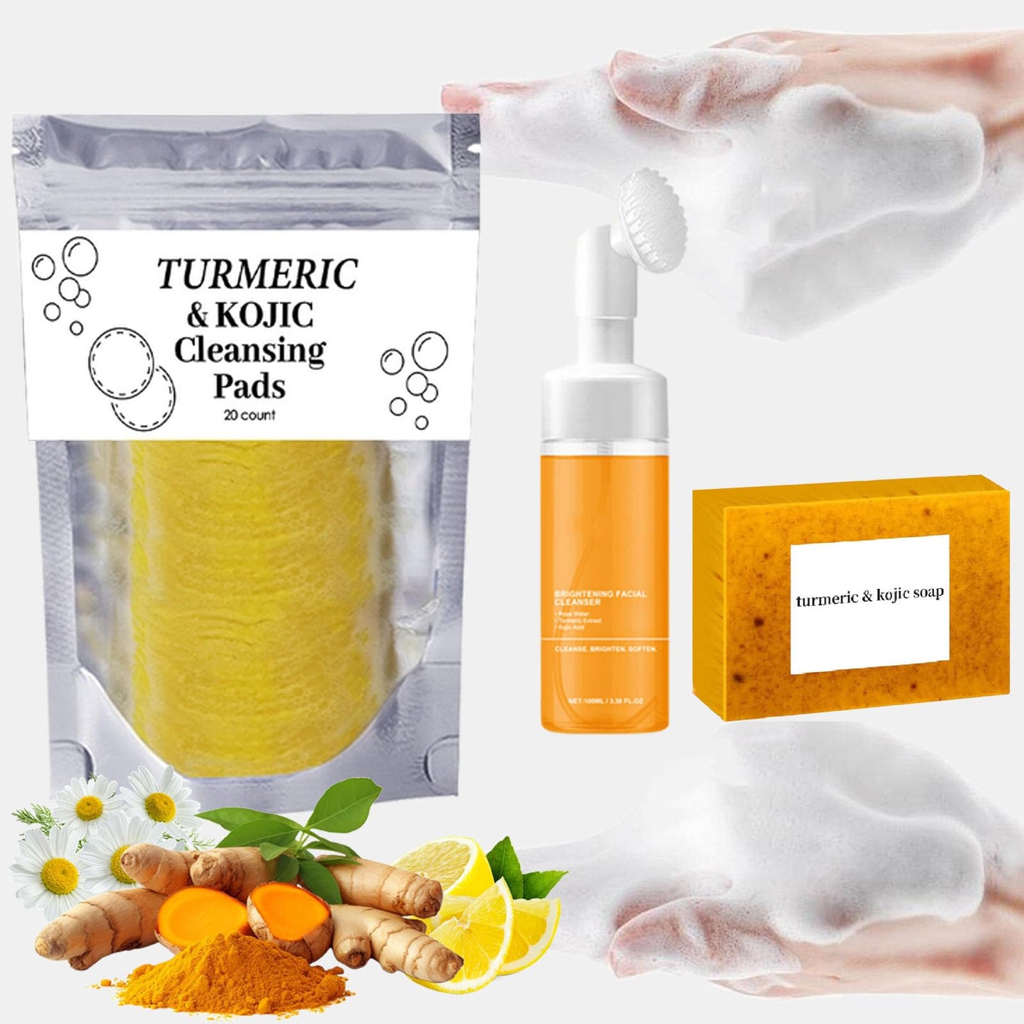 Turmeric Wash and Care Three Piece Set, Turmeric Soap, Turmeric Face Wash With Brush & Facial Cleansing Pads, Moisturizing Exfoliating Skincare Set for Face and Body