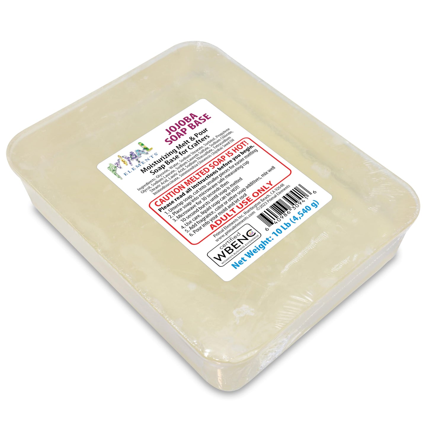 Primal Elements Jojoba Oil Soap Base - Moisturizing Melt and Pour Glycerin Soap Base for Crafting and Soap Making, Easy to Cut - 10 Pound