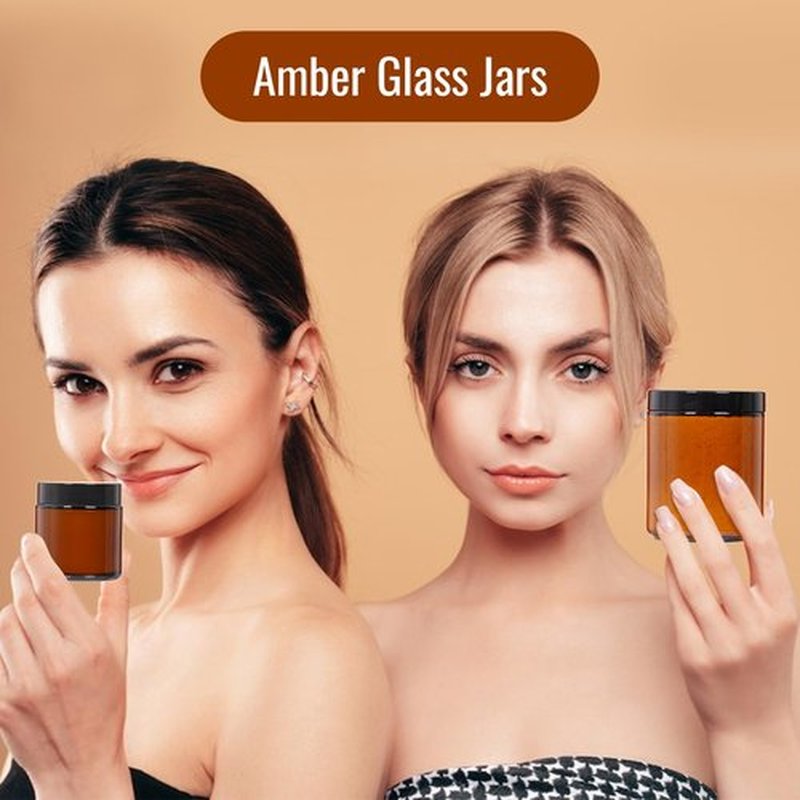 3 Pack 4 oz Amber Glass Jars with lids, Cosmetic Jars with Inner Liners and Black Lids, Lotion Jars, Candle Making Jars for Lotions, Scrubs and Cosmetic, Lables and Spatulas Include