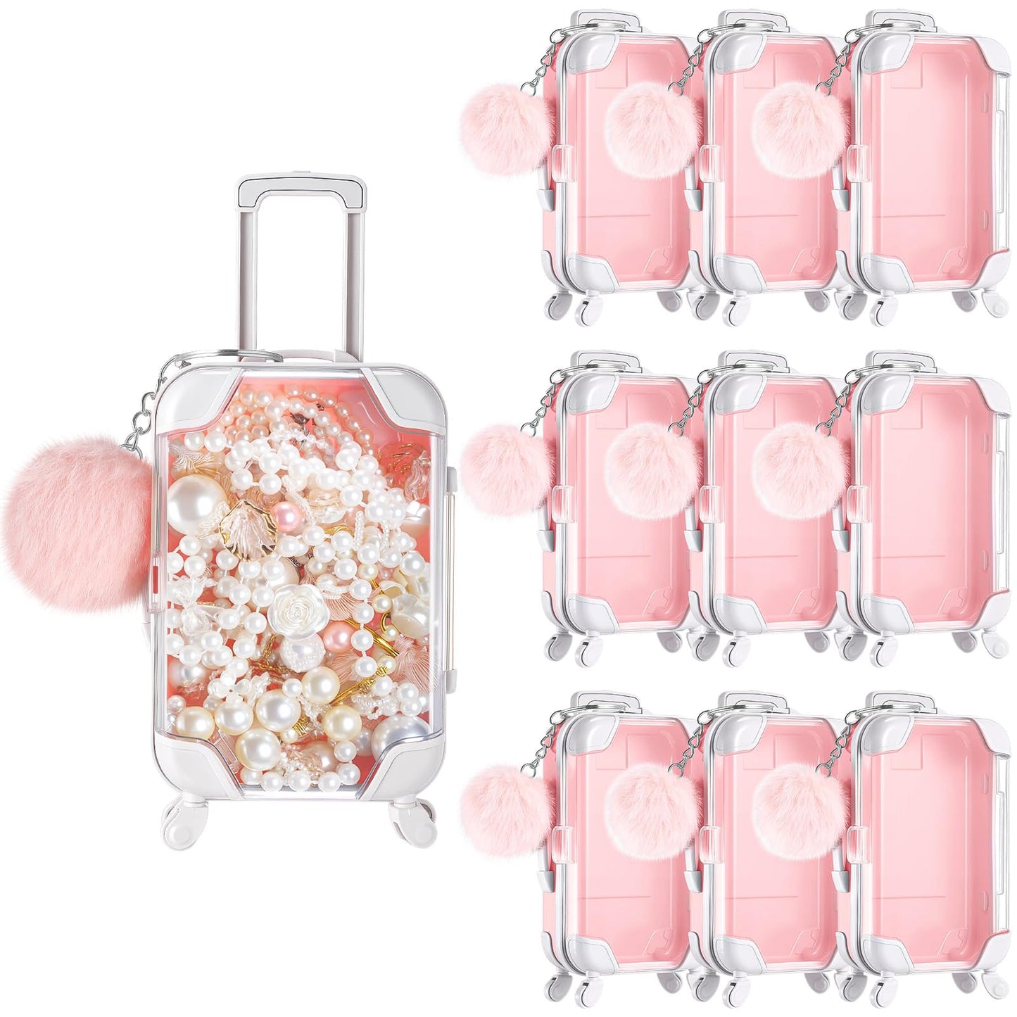 VioraWhite 20 Pcs Mini Suitcase Empty Storage Box and Plush Ball Keychain Candy Luggage Containers Packaging Case for Bridal Shower Baby Shower Party Favors Travel Gifts (Pink)