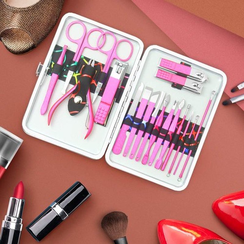 Glamne Manicure Pedicure Set Professional Nail Care Grooming Kitwith Travel Case 18pcs (Shining Pink)