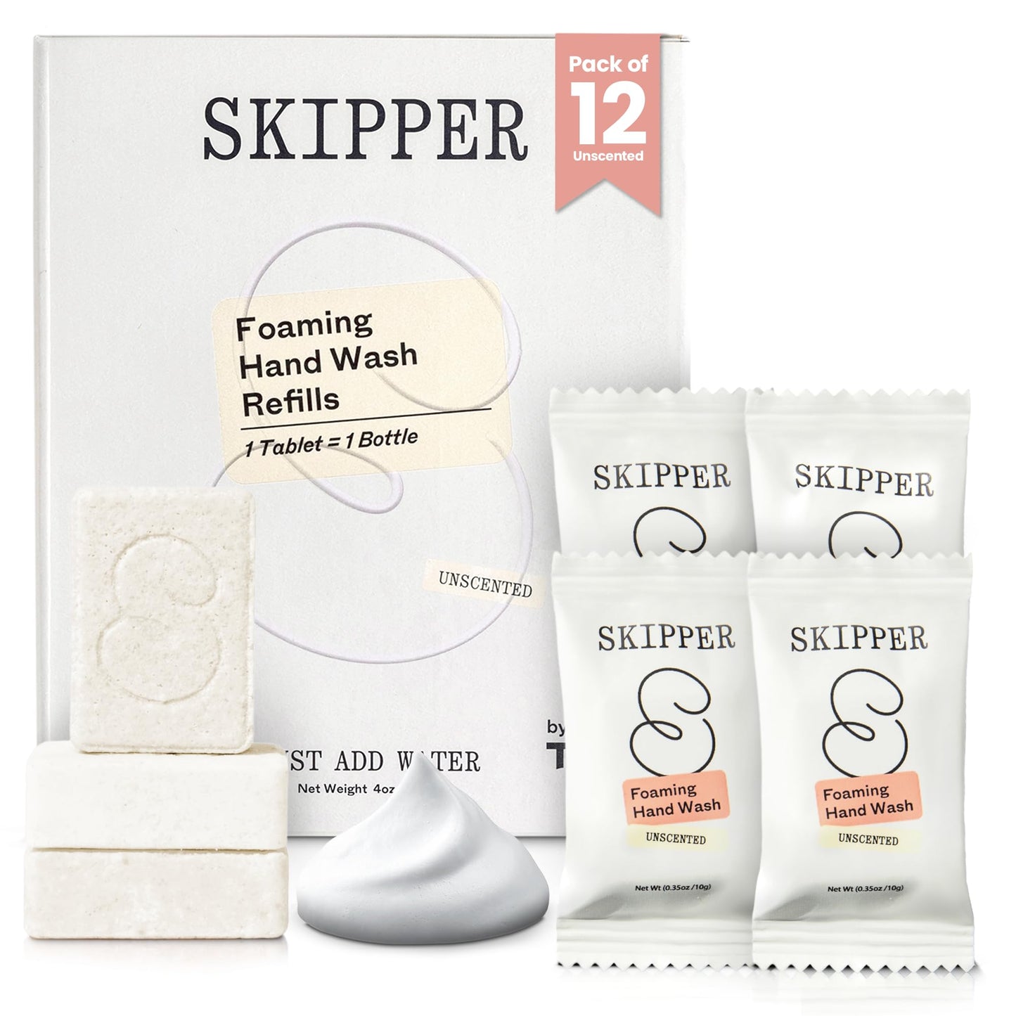 Tirtyl Skipper Foaming Hand Soap Tablet Refills - 12 Pack - 4oz fl total (12x 0.4 fl oz) - Rebranded - Compostable Packaging - Unscented