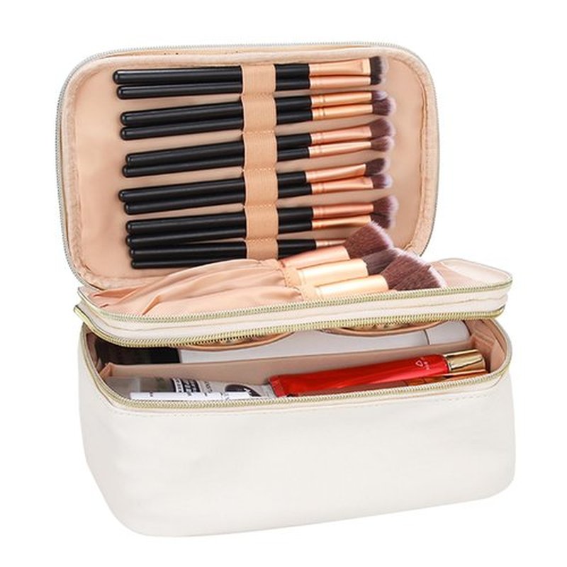 Relavel Travel Makeup Bag Multifunctional Make Up Bags with Zipper Pouch Large Compact Makeup Bag Organizer for Women Girls Cosmetics Toiletry Brushes Storage (White)
