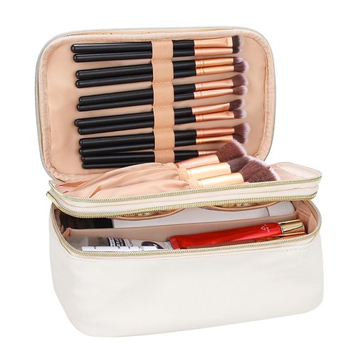 Relavel Travel Makeup Bag Multifunctional Make Up Bags with Zipper Pouch Large Compact Makeup Bag Organizer for Women Girls Cosmetics Toiletry Brushes Storage (White)