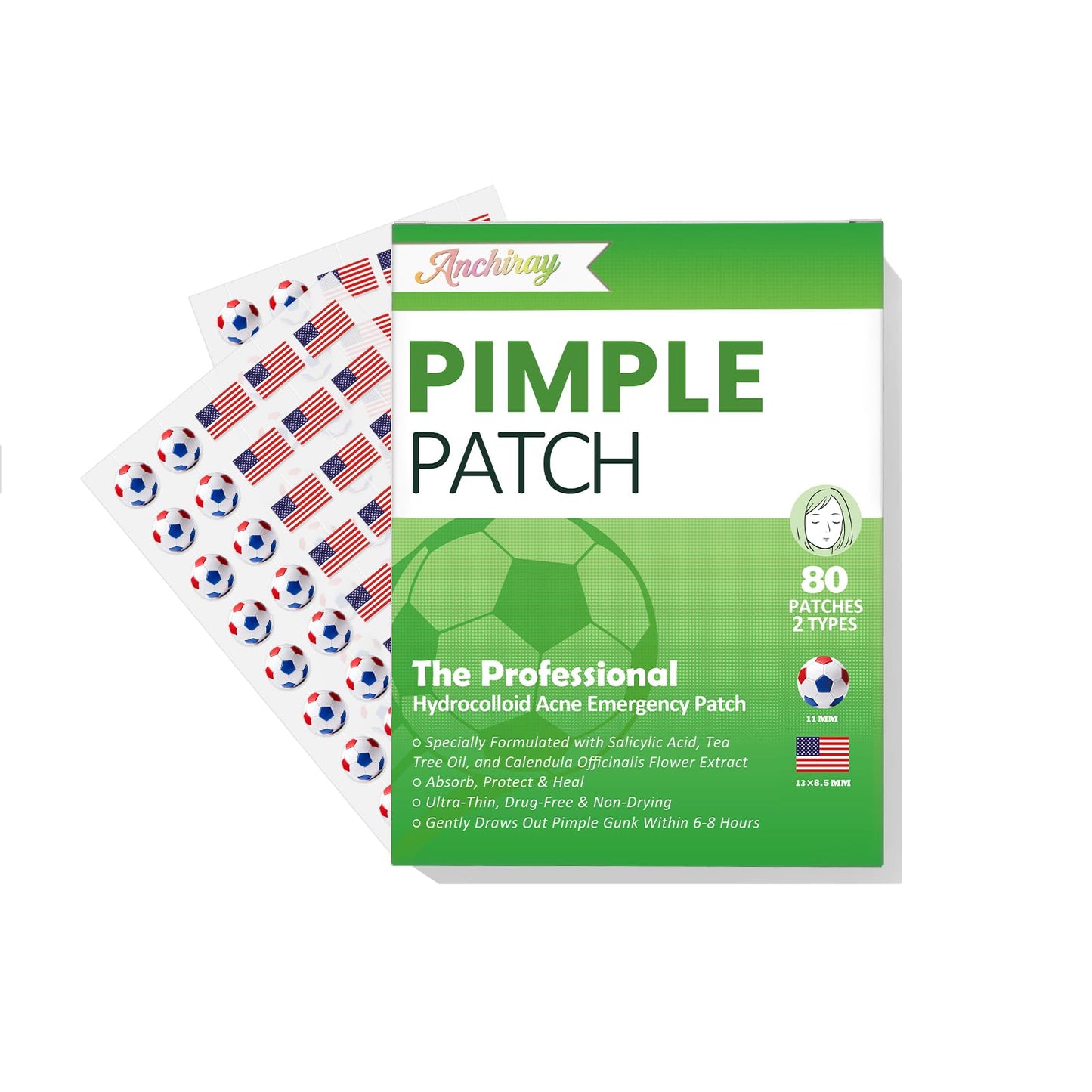 Anchiray American Flag & Soccer Design Hydrocolloid Pimple Patches for Face - Fun USA Face Patches for Game Day, World Cup & Party - Camouflages Blemishes, Absorbs Acne Overnight, 80 Counts