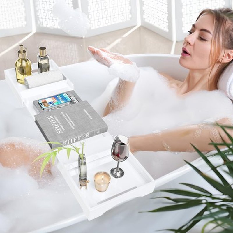 Bathtub Tray Caddy Table for Tub - Rulyyo Tub Tray Bath Caddy Tray for Bathtub, White 18-32.5 Inch Expandable Over The Tub Bath Tray for Bathtub, Waterproof Bathtub Caddy Tray for Luxury Bath