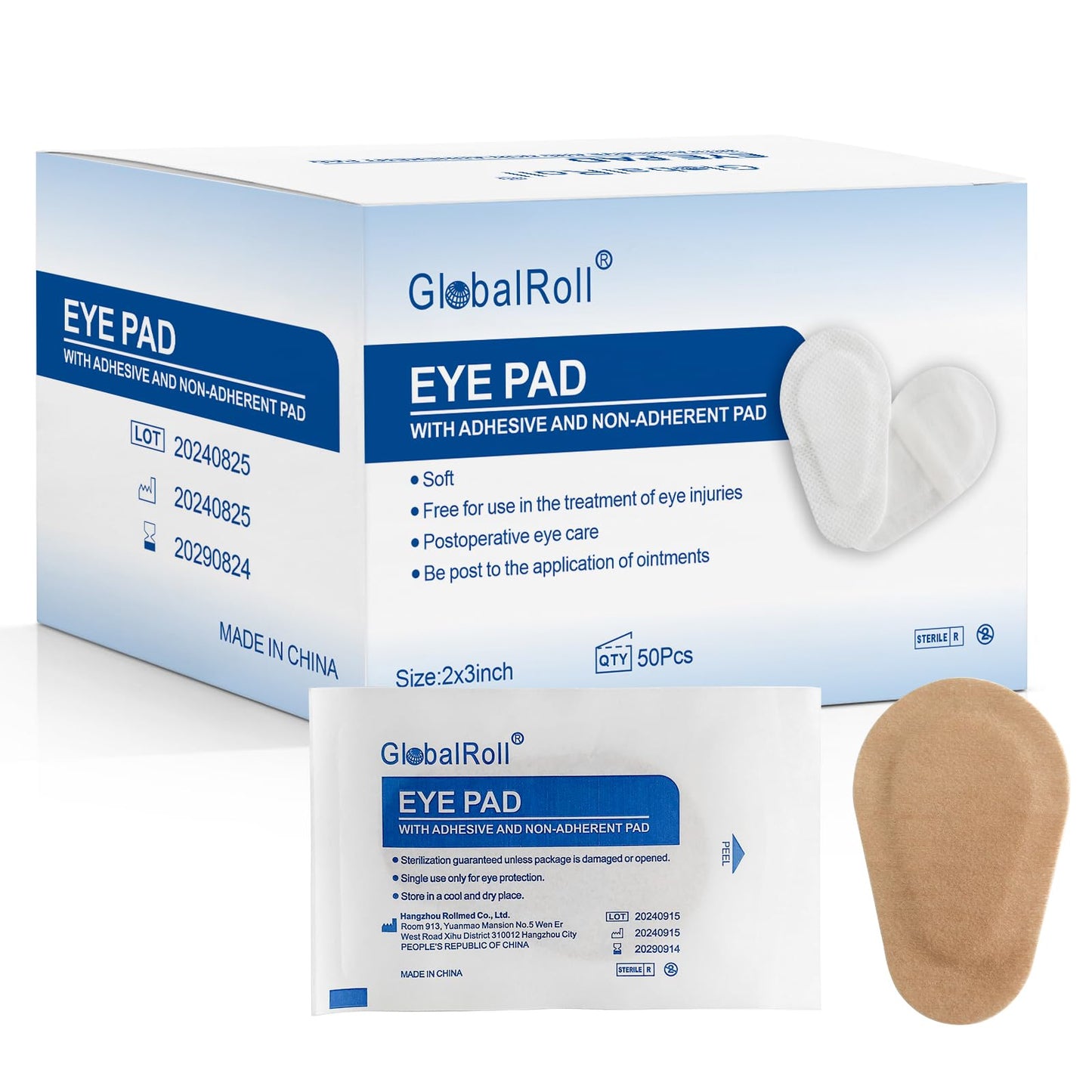 GlobalRoll 50 Pcs Adhesive Eye Patches, Eye Patches for Adults Eye Pad Disposable Eyepatch Latex Free Adhesive Bandages for Baby Kids Girls (Nude,3 x 2 Inch)
