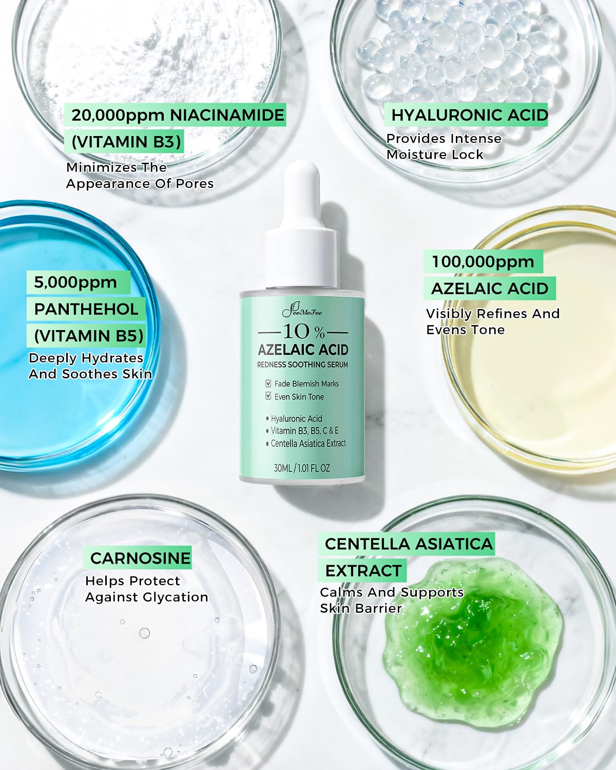 Azelaic Acid Serum,10% Azelaic Acid for Face – 20,000ppm Niacinamide, 5,000ppm Vitamin B5 – Centella Asiatica & Hyaluronic Acid - Soothe Redness, Refine Texture, and Hydrate, Korean Skincare 1 Fl Oz