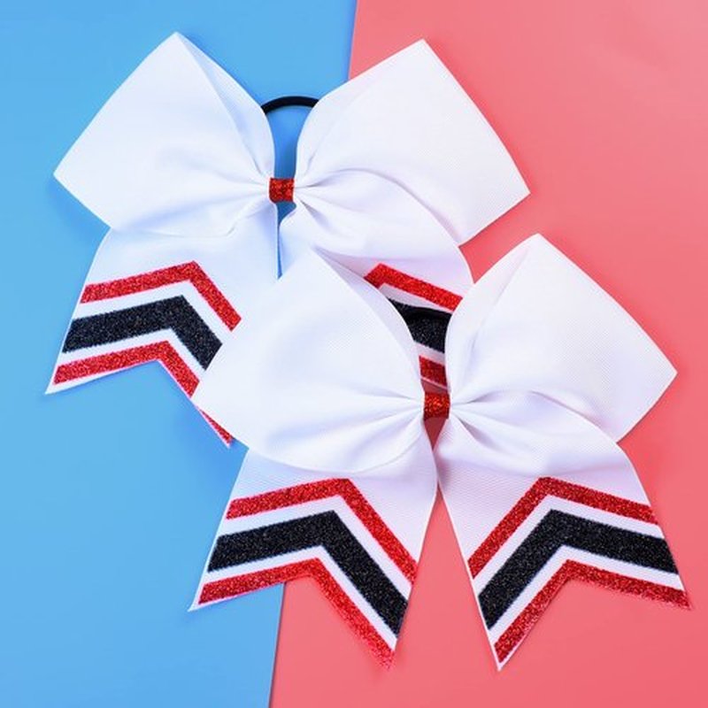 DEEKA 8PCS Large Glitter Cheer Bows Shiny 7" Cheer Hair Bows Ponytail Holder Handmade for Cheerleader Girls Softball Sports -Red/Black