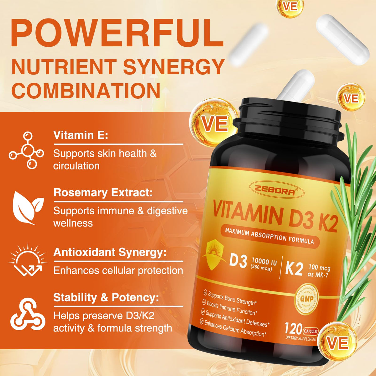 ZEBORA Vitamin D3 K2 - Maximum Strength 10000IU D3 & 100mg K2 as MK-7 - Heart, Bone, Immune Health & Antioxidan Defenses Support - Gluten-Free, Non-GMO, 120 Capsules