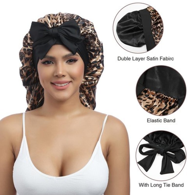 AWAYTR Long Satin Bonnet for Women - Double Layer Elastic Silk Bonnet for Braids Hair Sleeping Cap with Tie Band (Leopard)