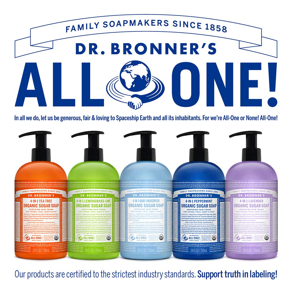 Dr. Bronner's Organic Sugar Soap (Baby Unscented, 24 Ounce) - Made with Regenerative Certified Organic Oils, Sugar & Shikakai Powder, 4-in-1 Use: Hands, Body, Face and Hair- Liquid Soap, Nourishes