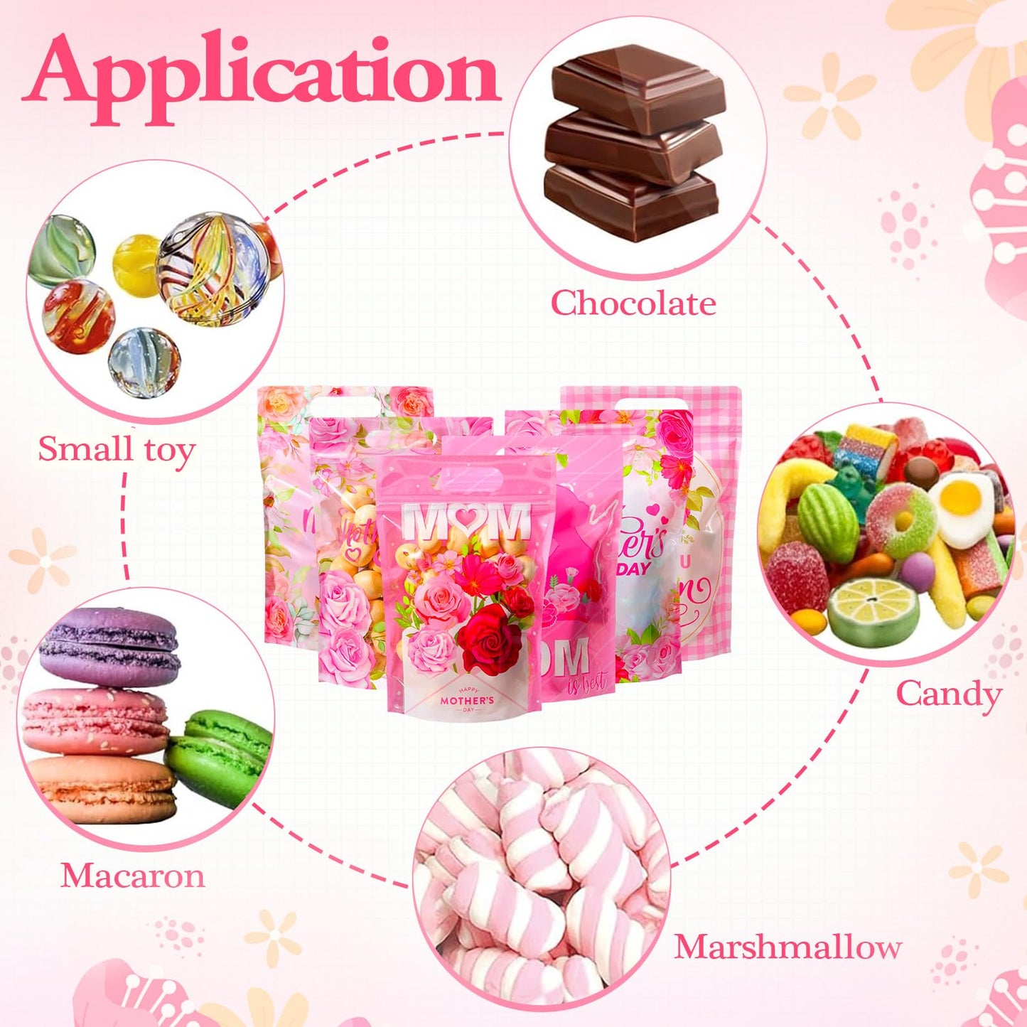 Kosiz 60 Pcs Mother's Day Gift Bags with Handles Plastic Pink Flower Mom Candy Treat Goodie Cookie Bags for Mothers Day Theme Floral Party Favors Supplies