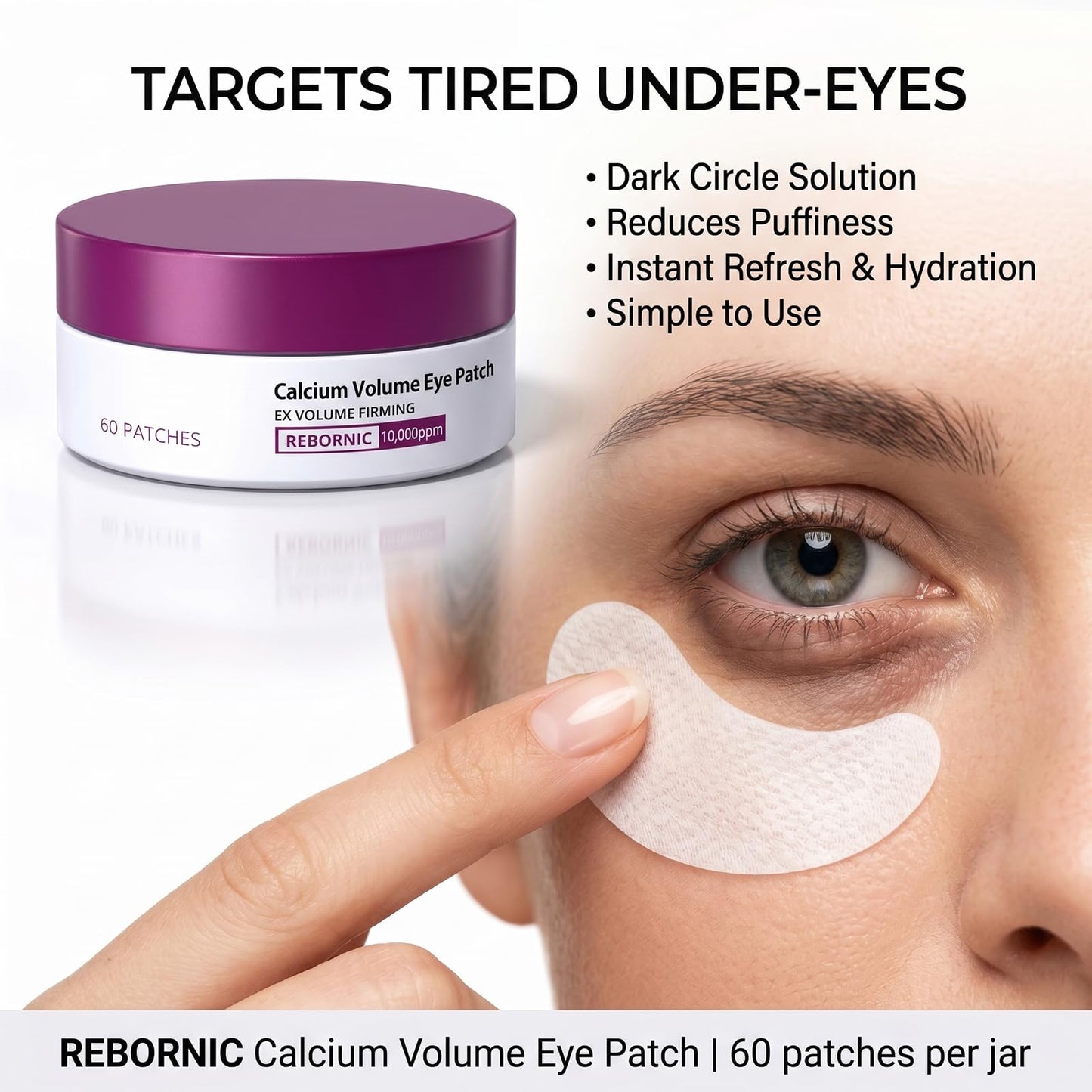 Calcium Volume Eye Patch with Rebornic 10,000ppm & Hydrolyzed Elastin – 60 Patches for Puffiness Relief, Fine Lines, Firming & Lifting, Hydrating Eye Patches for Face and Neck Care