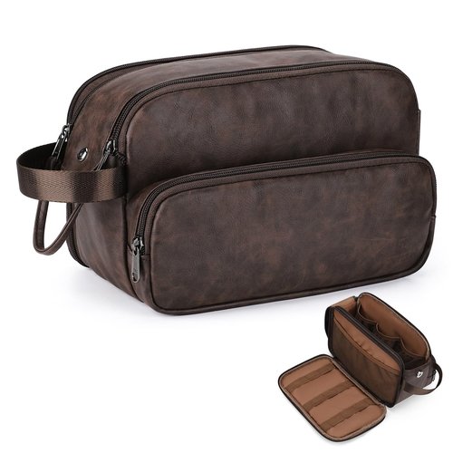 Estour Toiletry Bag for Men, Travel Toiletry Bag Travel Essentials, Dopp Kit Water-resistant Shaving Bag, Bathroom Bag Toiletries Organizer, Dark Brown(PU Leather)