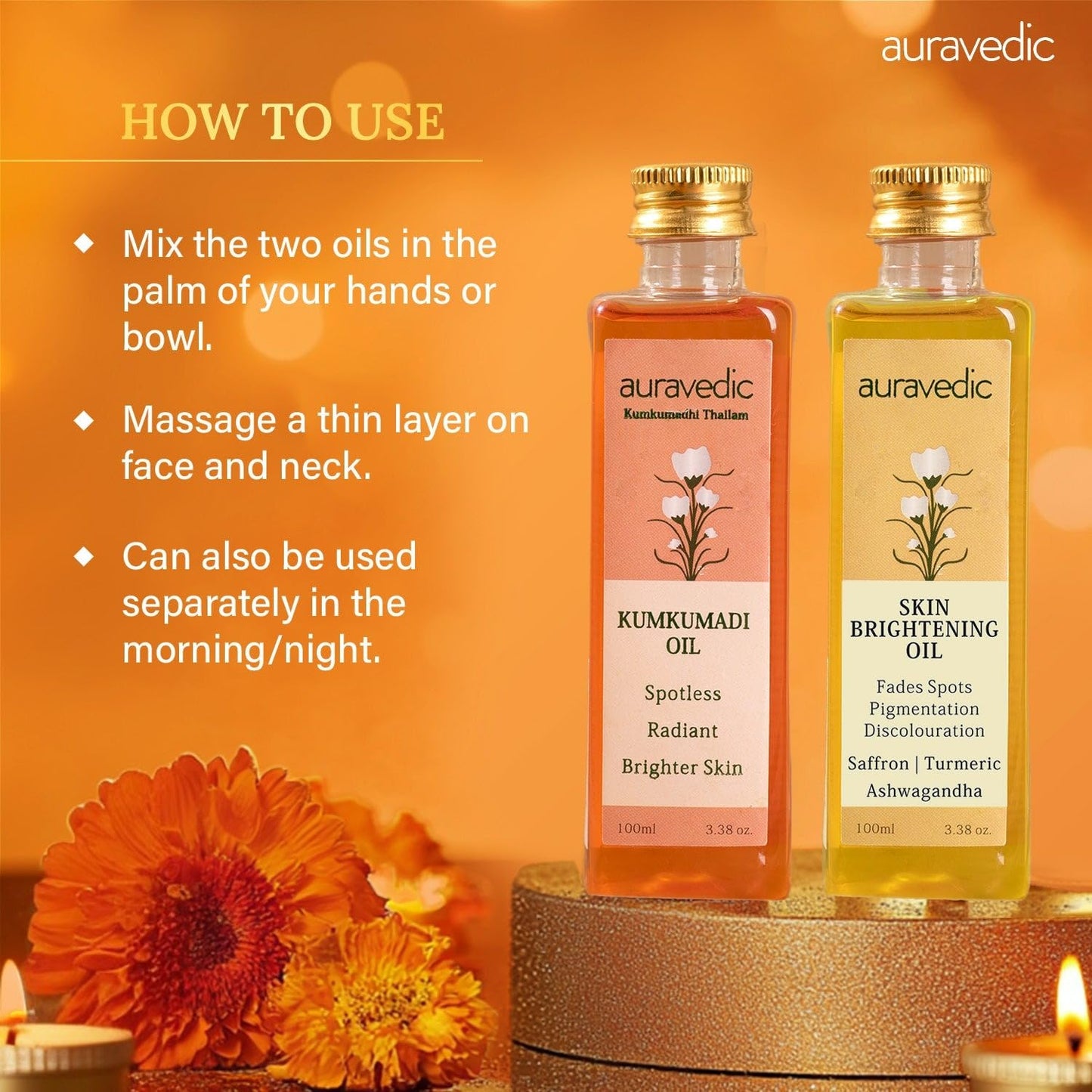 Auravedic Kumkumadi Oil & Skin Oil Combo | Saffron, Turmeric and Winter Cherry Infused Face Moisturizer | Hydrating & Moisturizing | for All Skin Types | 3.38Fl Oz (100ml)